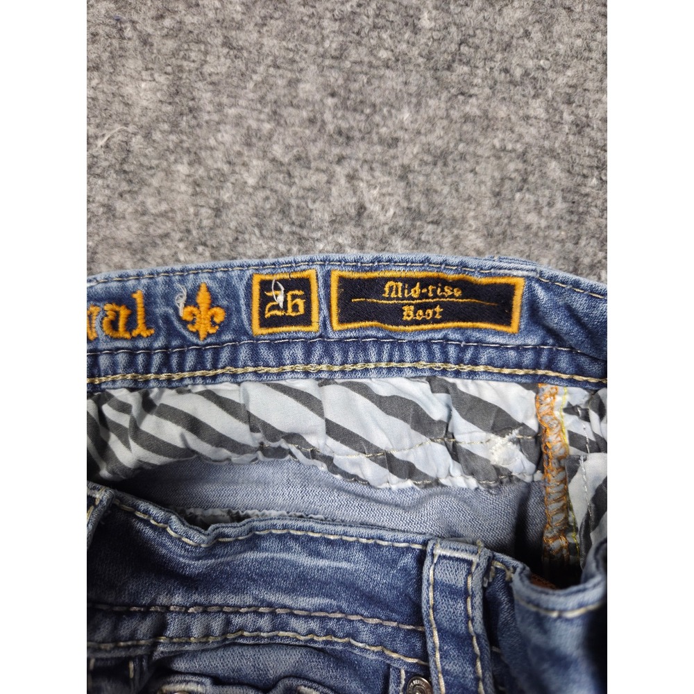 Rock Revival Lang Bootcut Jeans Womens 26 Blue Distressed Mid Rise Thick Stitch - Picture 3 of 13